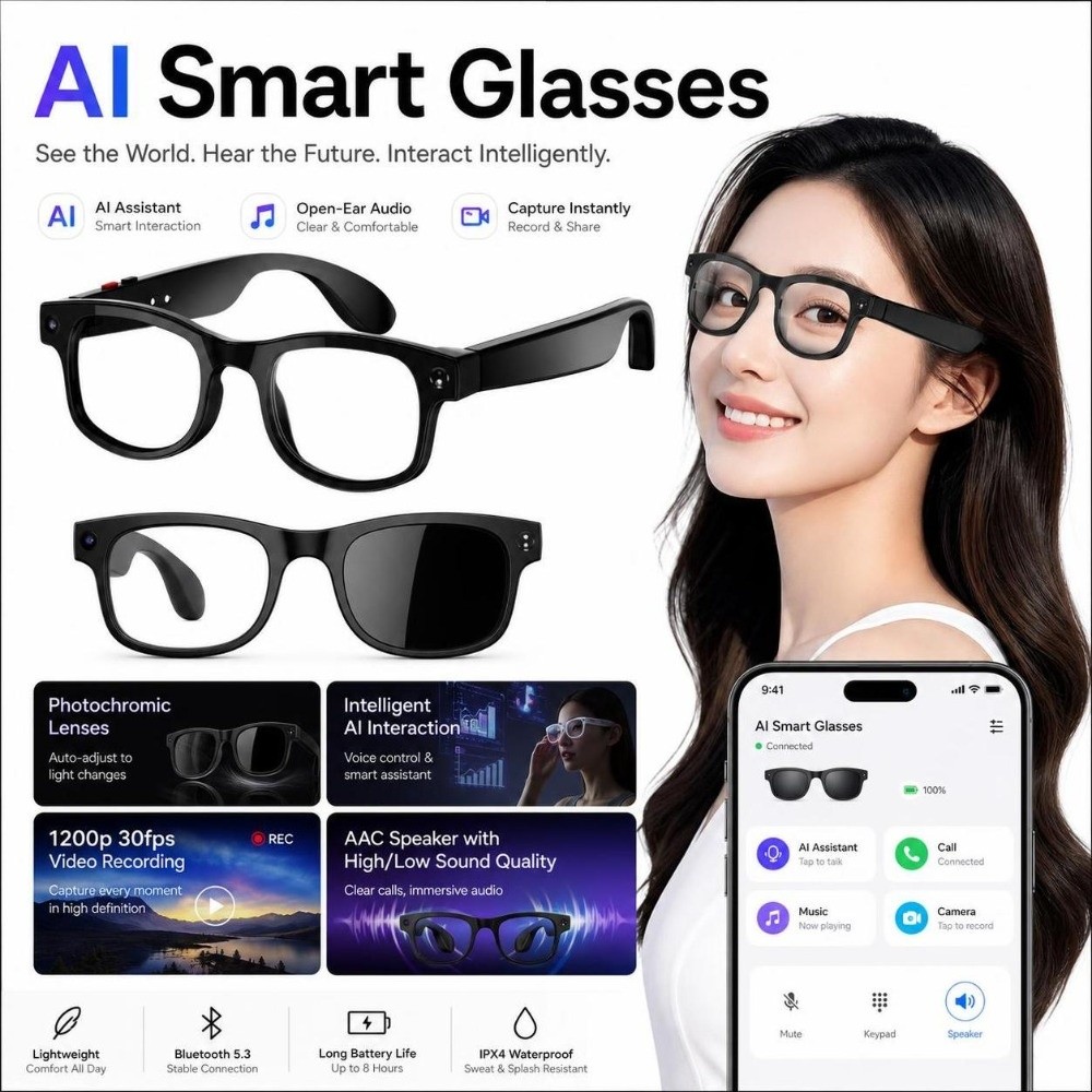 Kacamata Pintar AI 2 in 1, Fot - Smart Glasses Lens ulasan dan harga
